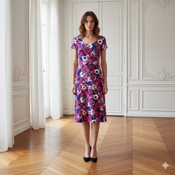 Boden Purple Blue Pink  Floral Knit Short Sleeve Dress size 6 - Picture 1 of 9